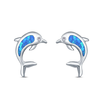 Dolphin Stud Earrings Lab Created Blue Opal 925 Sterling Silver (13mm)
